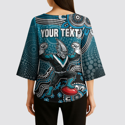 Personalized Port Adelaide Power Mascot Kimono Sleeve Blouse Aboriginal Dot Art Style Vibrant Indigenous Pattern Design