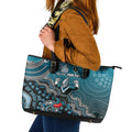 Personalized Port Adelaide Power Mascot Leather Tote Bag Aboriginal Dot Art Style Vibrant Indigenous Pattern Design