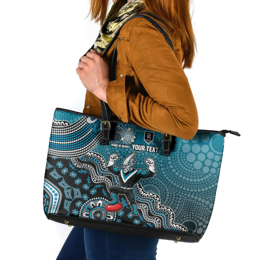 Personalized Port Adelaide Power Mascot Leather Tote Bag Aboriginal Dot Art Style Vibrant Indigenous Pattern Design