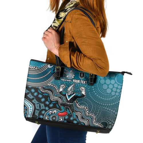 Personalized Port Adelaide Power Mascot Leather Tote Bag Aboriginal Dot Art Style Vibrant Indigenous Pattern Design