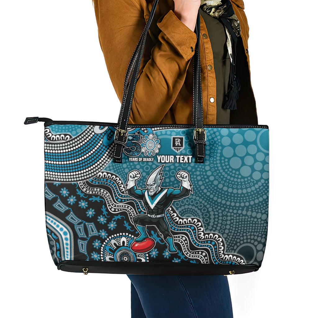 Personalized Port Adelaide Power Mascot Leather Tote Bag Aboriginal Dot Art Style Vibrant Indigenous Pattern Design
