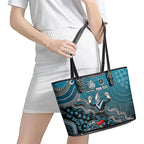 Personalized Port Adelaide Power Mascot Leather Tote Bag Aboriginal Dot Art Style Vibrant Indigenous Pattern Design