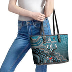 Personalized Port Adelaide Power Mascot Leather Tote Bag Aboriginal Dot Art Style Vibrant Indigenous Pattern Design