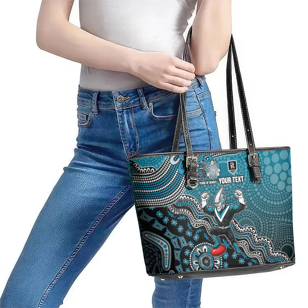 Personalized Port Adelaide Power Mascot Leather Tote Bag Aboriginal Dot Art Style Vibrant Indigenous Pattern Design