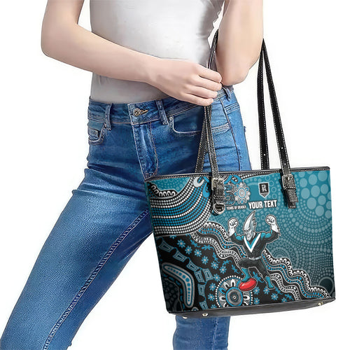 Personalized Port Adelaide Power Mascot Leather Tote Bag Aboriginal Dot Art Style Vibrant Indigenous Pattern Design
