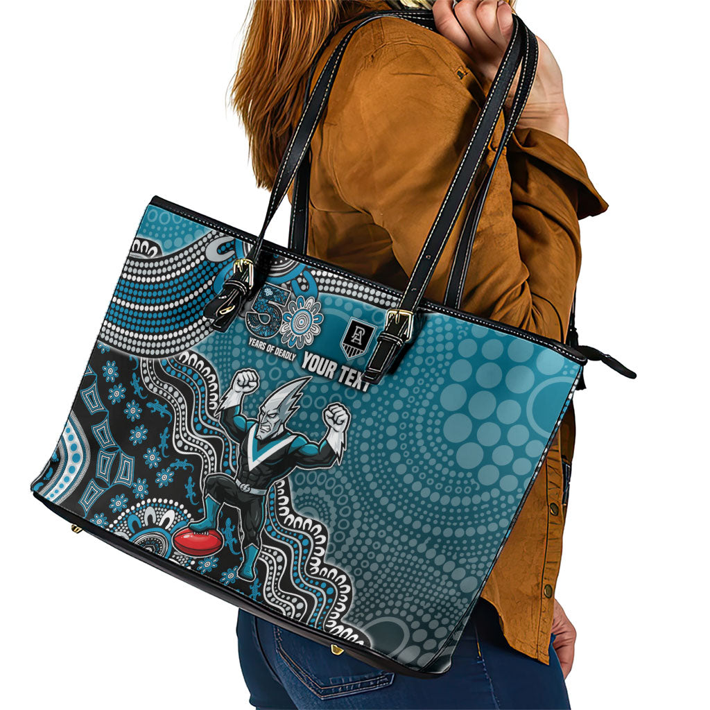 Personalized Port Adelaide Power Mascot Leather Tote Bag Aboriginal Dot Art Style Vibrant Indigenous Pattern Design