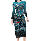 Personalized Port Adelaide Power Mascot Long Sleeve Bodycon Dress Aboriginal Dot Art Style Vibrant Indigenous Pattern Design