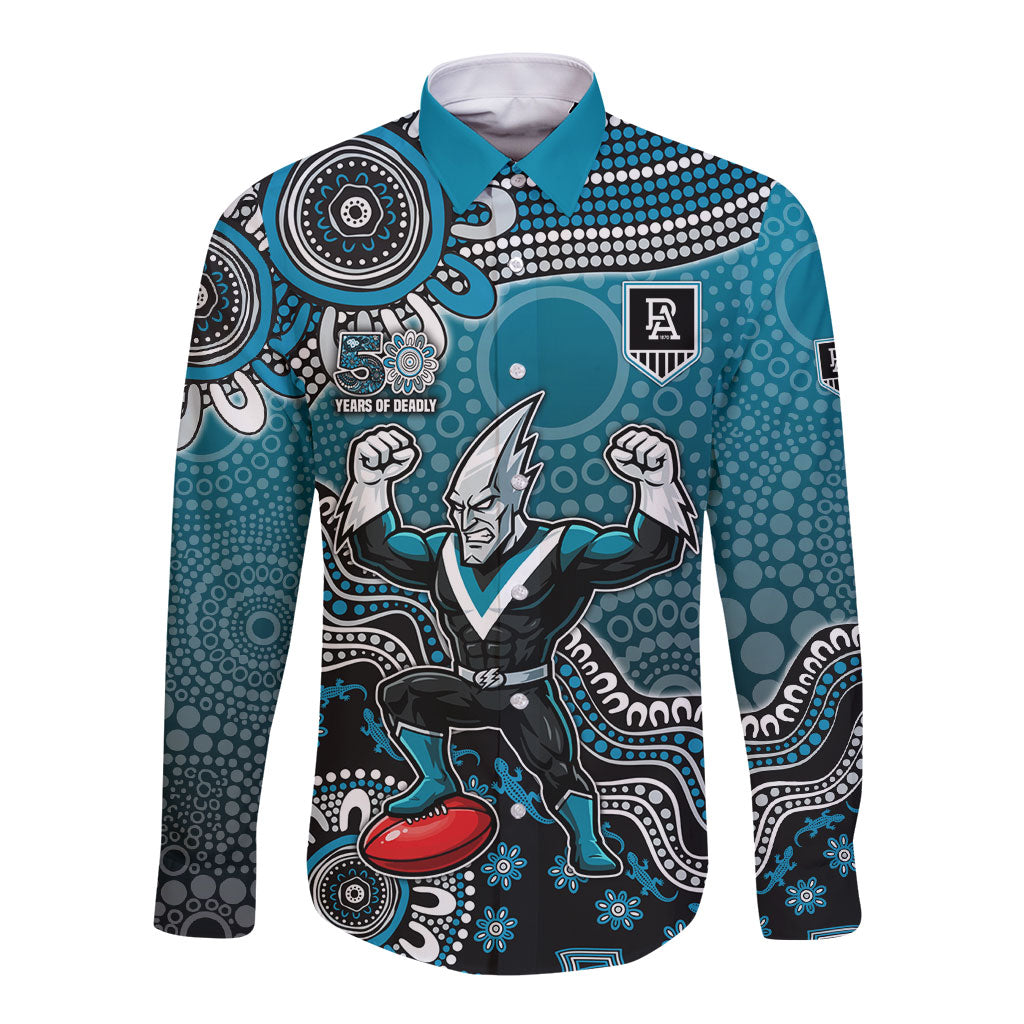 Personalized Port Adelaide Power Mascot Long Sleeve Button Shirt Aboriginal Dot Art Style Vibrant Indigenous Pattern Design