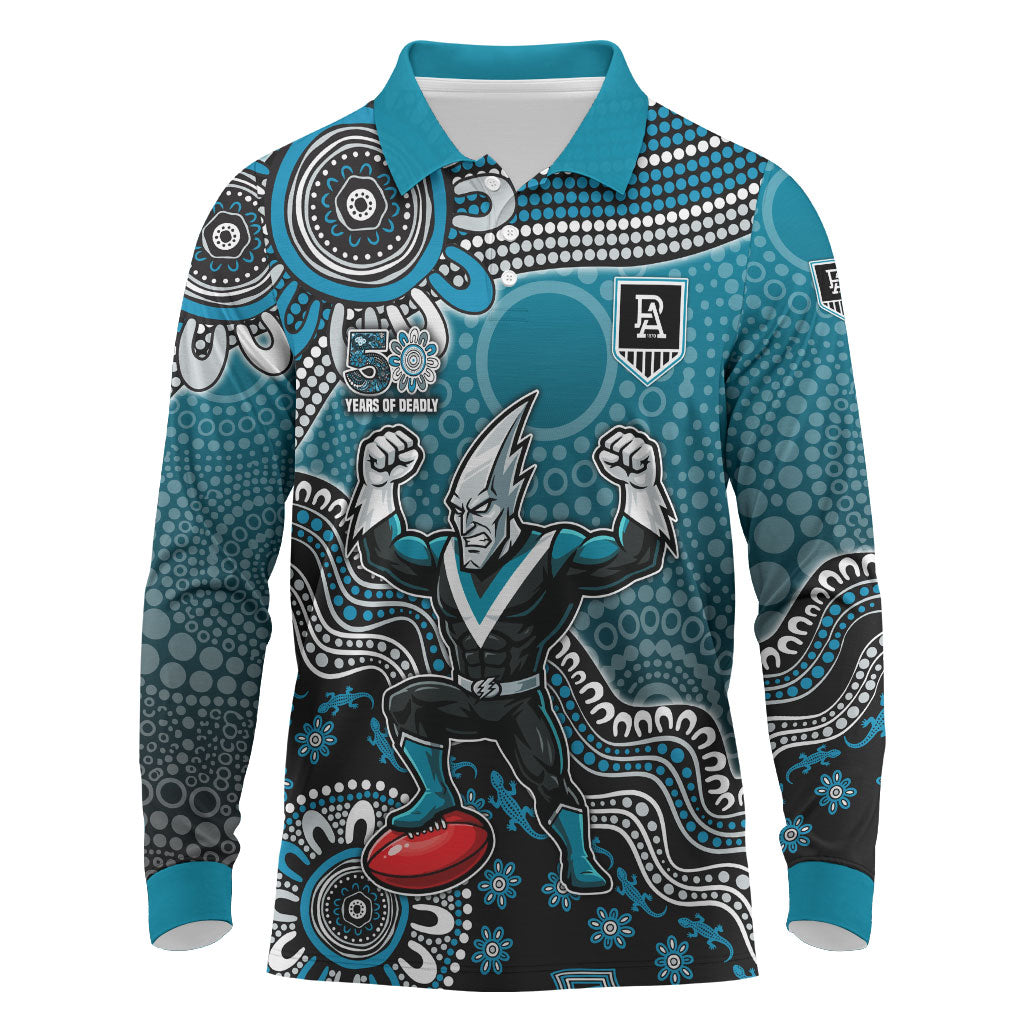 Personalized Port Adelaide Power Mascot Long Sleeve Polo Shirt Aboriginal Dot Art Style Vibrant Indigenous Pattern Design