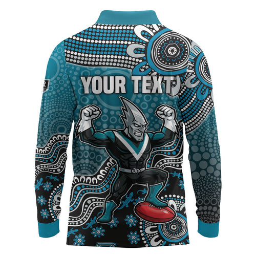 Personalized Port Adelaide Power Mascot Long Sleeve Polo Shirt Aboriginal Dot Art Style Vibrant Indigenous Pattern Design