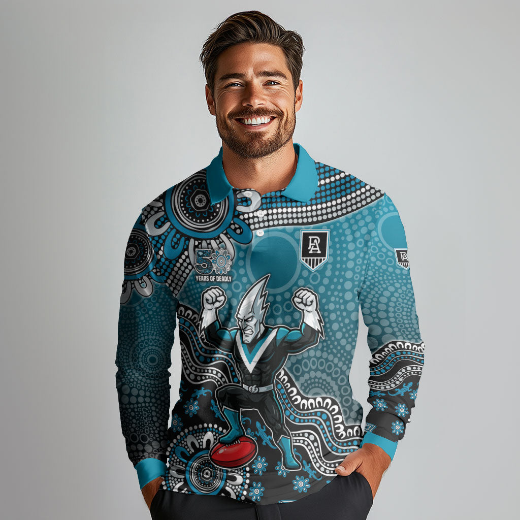 Personalized Port Adelaide Power Mascot Long Sleeve Polo Shirt Aboriginal Dot Art Style Vibrant Indigenous Pattern Design