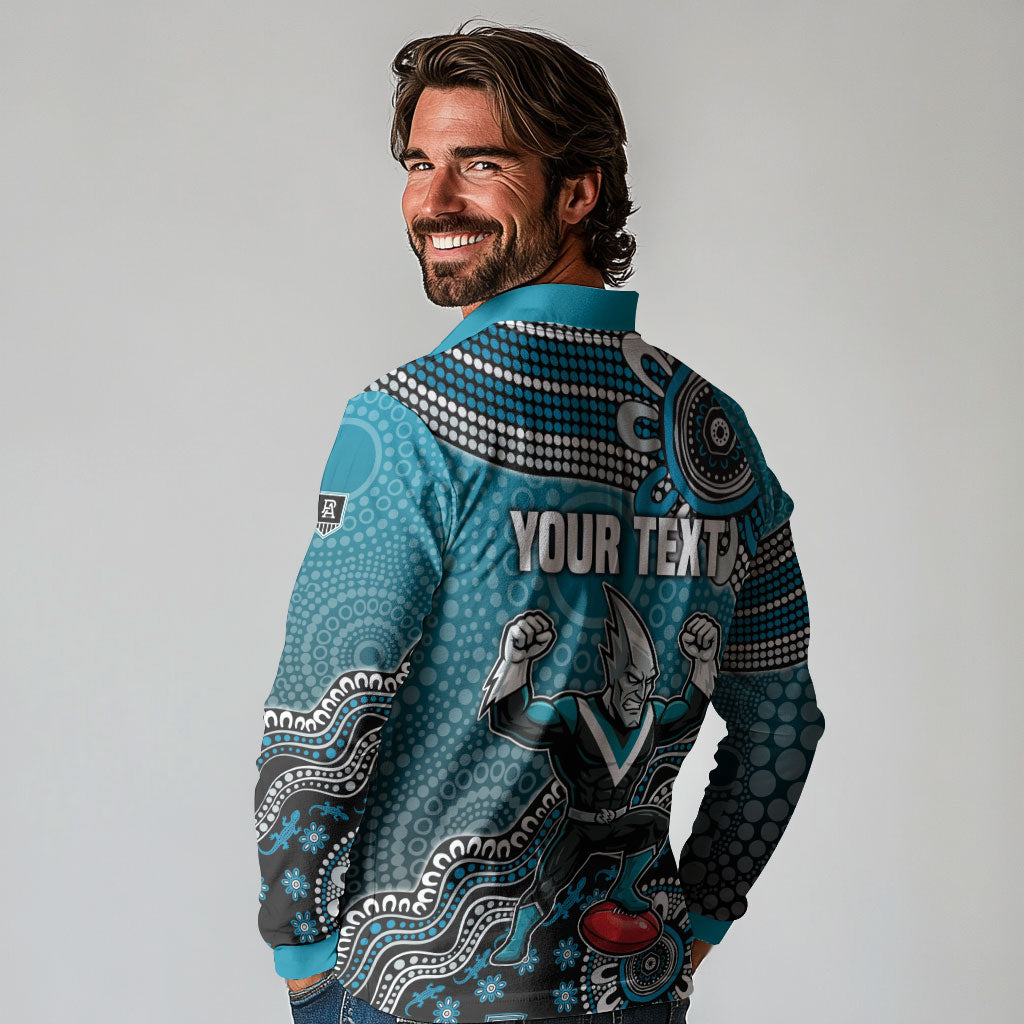 Personalized Port Adelaide Power Mascot Long Sleeve Polo Shirt Aboriginal Dot Art Style Vibrant Indigenous Pattern Design