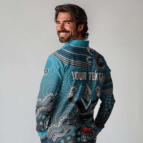 Personalized Port Adelaide Power Mascot Long Sleeve Polo Shirt Aboriginal Dot Art Style Vibrant Indigenous Pattern Design