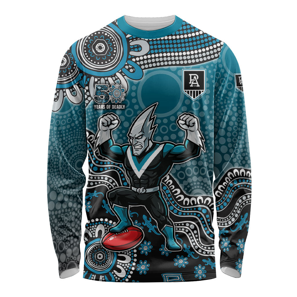 Personalized Port Adelaide Power Mascot Long Sleeve Shirt Aboriginal Dot Art Style Vibrant Indigenous Pattern Design