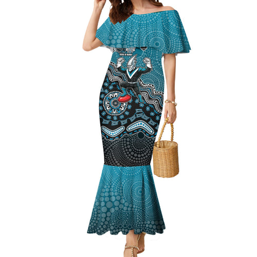 Personalized Port Adelaide Power Mascot Mermaid Dress Aboriginal Dot Art Style Vibrant Indigenous Pattern Design