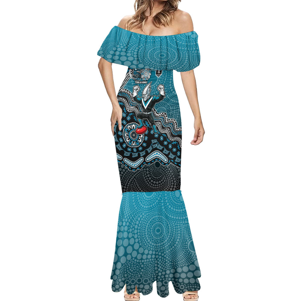Personalized Port Adelaide Power Mascot Mermaid Dress Aboriginal Dot Art Style Vibrant Indigenous Pattern Design