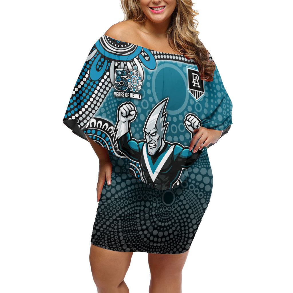 Personalized Port Adelaide Power Mascot Off Shoulder Short Dress Aboriginal Dot Art Style Vibrant Indigenous Pattern Design