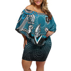 Personalized Port Adelaide Power Mascot Off Shoulder Short Dress Aboriginal Dot Art Style Vibrant Indigenous Pattern Design