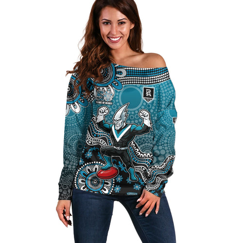 Personalized Port Adelaide Power Mascot Off Shoulder Sweater Aboriginal Dot Art Style Vibrant Indigenous Pattern Design