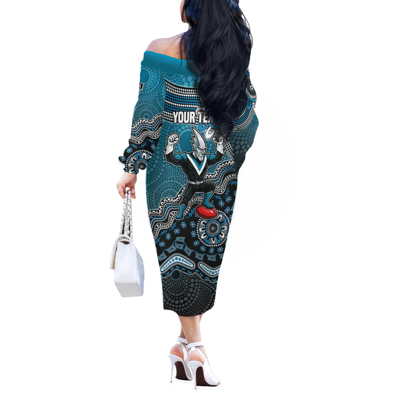 Personalized Port Adelaide Power Mascot Off The Shoulder Long Sleeve Dress Aboriginal Dot Art Style Vibrant Indigenous Pattern Design