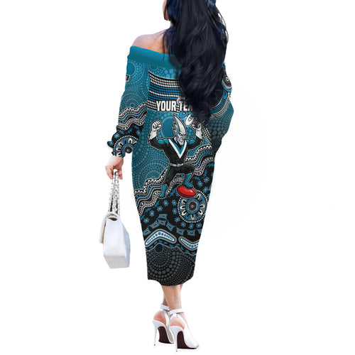 Personalized Port Adelaide Power Mascot Off The Shoulder Long Sleeve Dress Aboriginal Dot Art Style Vibrant Indigenous Pattern Design