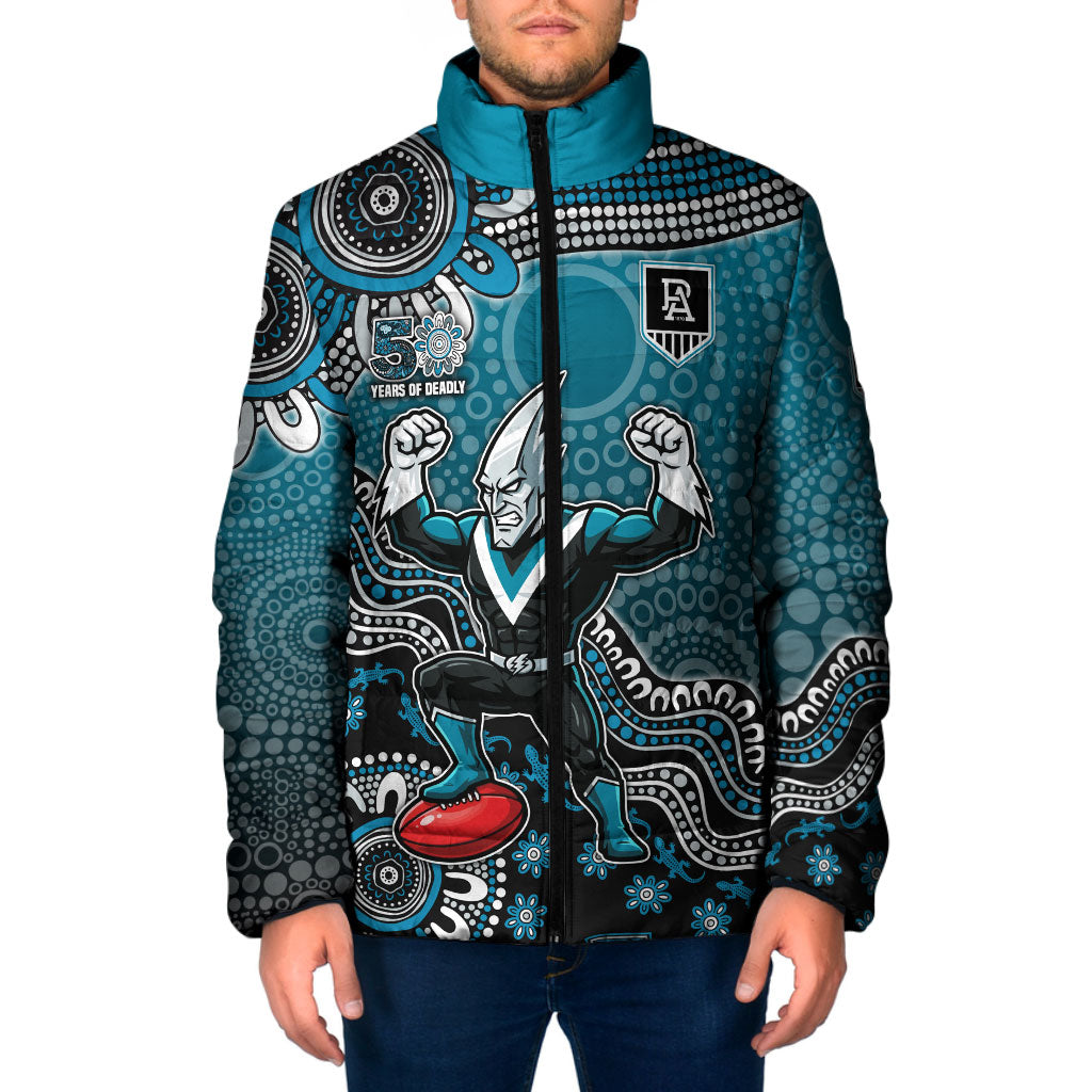 Personalized Port Adelaide Power Mascot Padded Jacket Aboriginal Dot Art Style Vibrant Indigenous Pattern Design