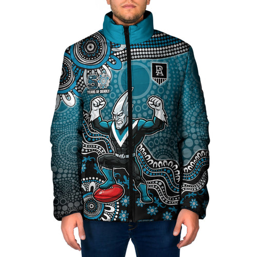 Personalized Port Adelaide Power Mascot Padded Jacket Aboriginal Dot Art Style Vibrant Indigenous Pattern Design