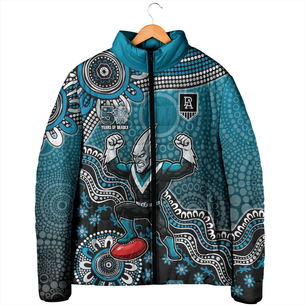 Personalized Port Adelaide Power Mascot Padded Jacket Aboriginal Dot Art Style Vibrant Indigenous Pattern Design