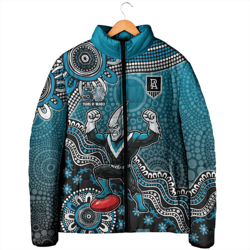 Personalized Port Adelaide Power Mascot Padded Jacket Aboriginal Dot Art Style Vibrant Indigenous Pattern Design