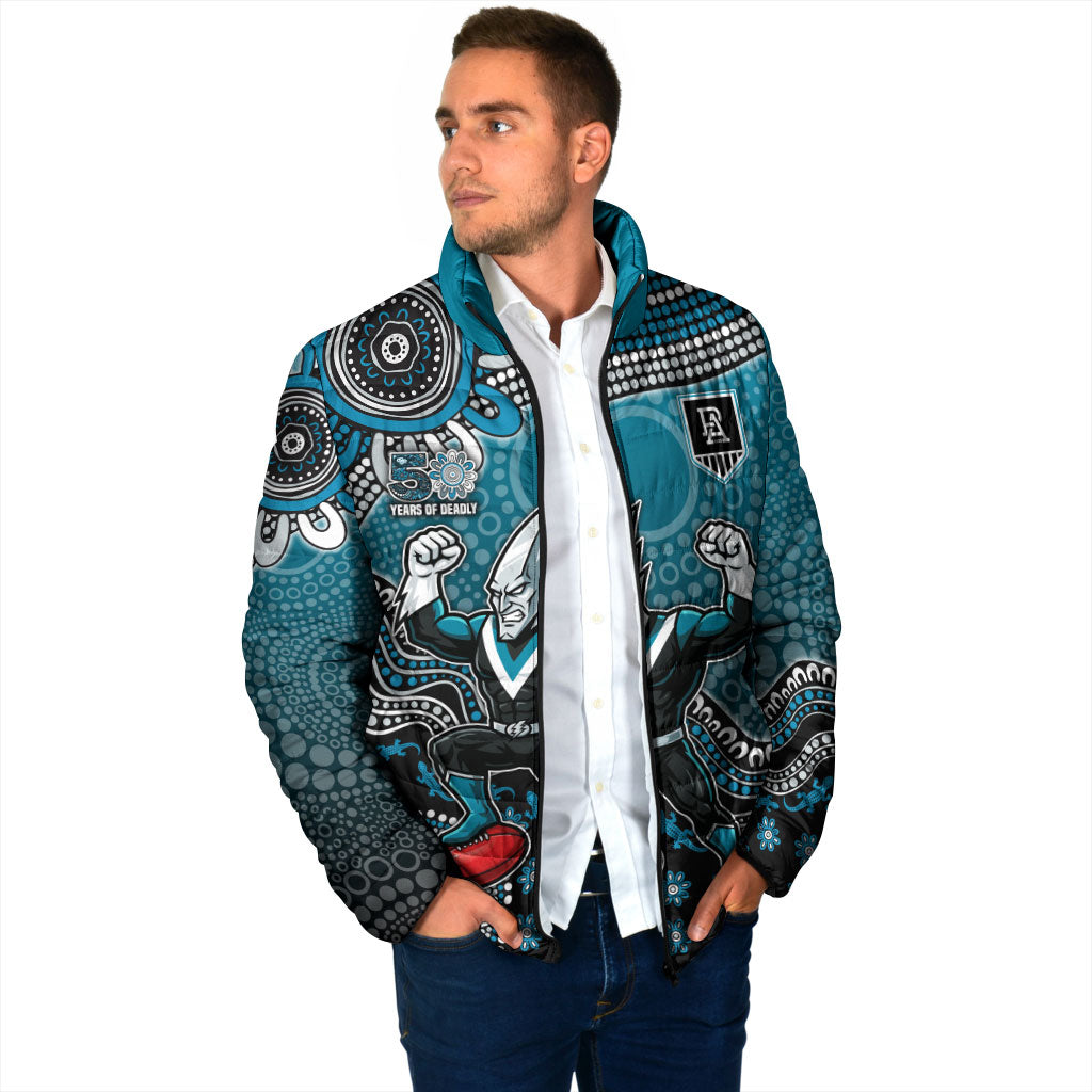 Personalized Port Adelaide Power Mascot Padded Jacket Aboriginal Dot Art Style Vibrant Indigenous Pattern Design