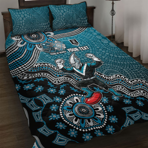 Personalized Port Adelaide Power Mascot Quilt Bed Set Aboriginal Dot Art Style Vibrant Indigenous Pattern Design