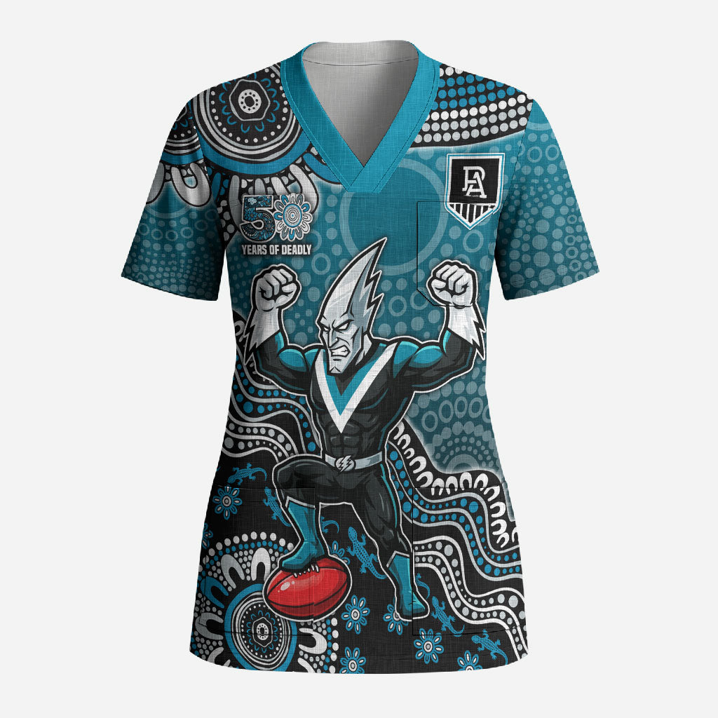 Personalized Port Adelaide Power Mascot Scrub Top Aboriginal Dot Art Style Vibrant Indigenous Pattern Design