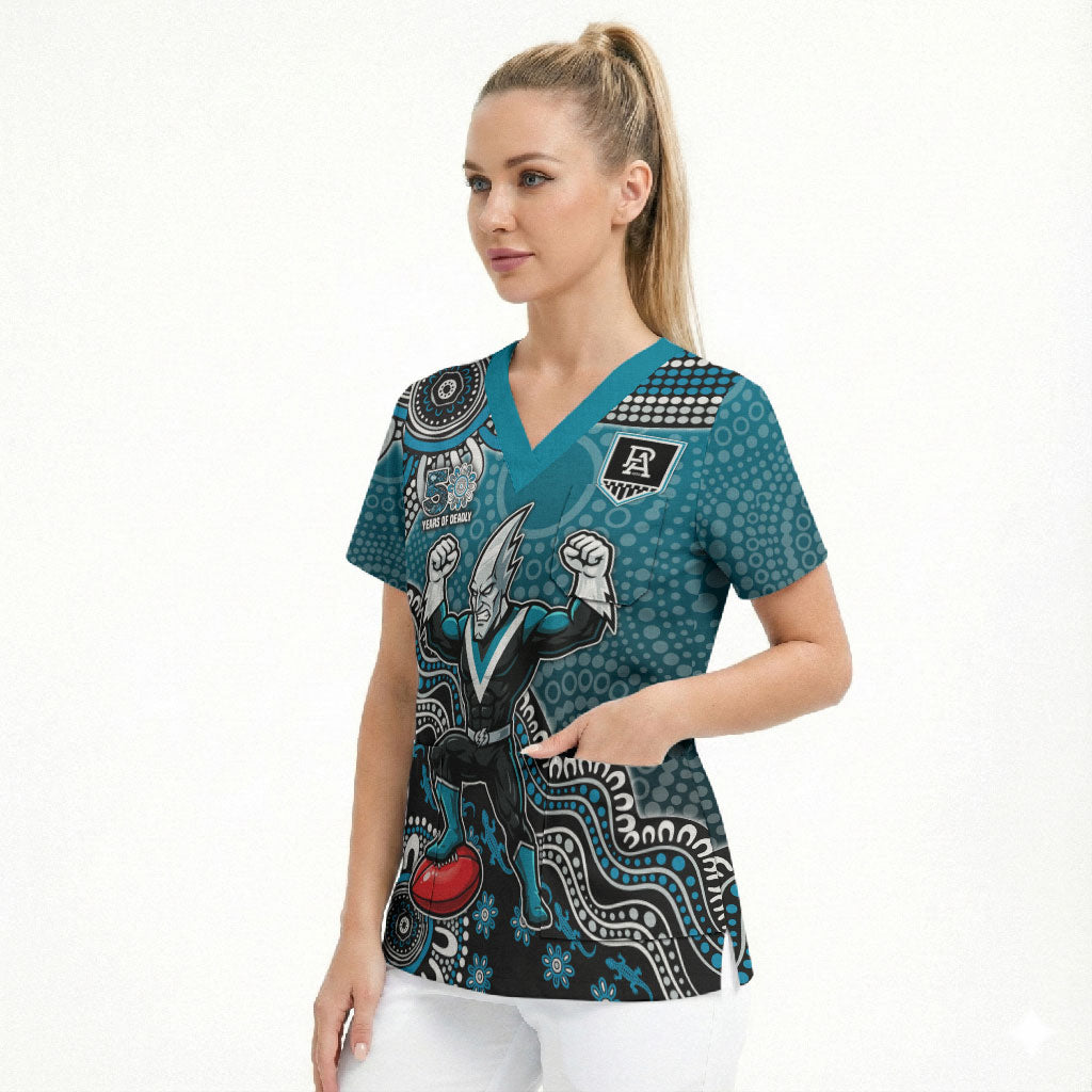 Personalized Port Adelaide Power Mascot Scrub Top Aboriginal Dot Art Style Vibrant Indigenous Pattern Design