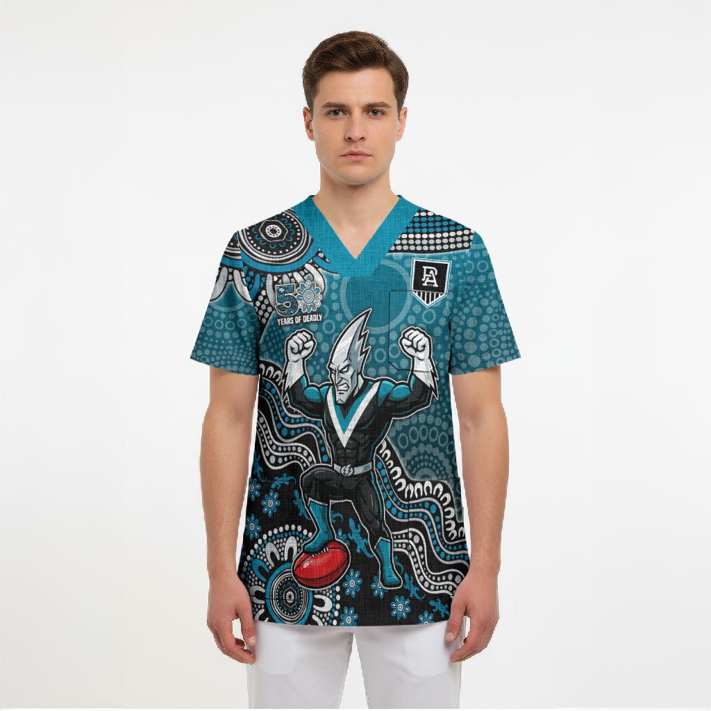 Personalized Port Adelaide Power Mascot Scrub Top Aboriginal Dot Art Style Vibrant Indigenous Pattern Design
