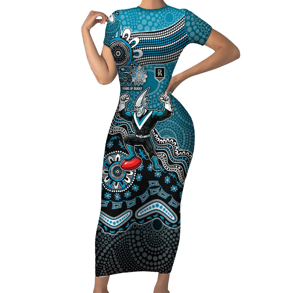 Personalized Port Adelaide Power Mascot Short Sleeve Bodycon Dress Aboriginal Dot Art Style Vibrant Indigenous Pattern Design