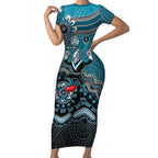 Personalized Port Adelaide Power Mascot Short Sleeve Bodycon Dress Aboriginal Dot Art Style Vibrant Indigenous Pattern Design