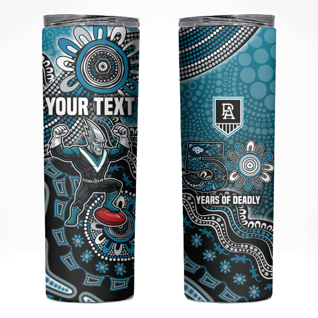 Personalized Port Adelaide Power Mascot Skinny Tumbler Aboriginal Dot Art Style Vibrant Indigenous Pattern Design