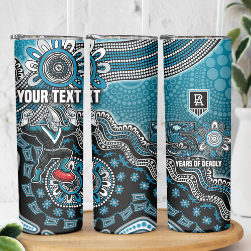Personalized Port Adelaide Power Mascot Skinny Tumbler Aboriginal Dot Art Style Vibrant Indigenous Pattern Design