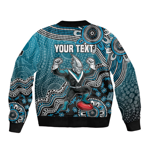 Personalized Port Adelaide Power Mascot Sleeve Zip Bomber Jacket Aboriginal Dot Art Style Vibrant Indigenous Pattern Design
