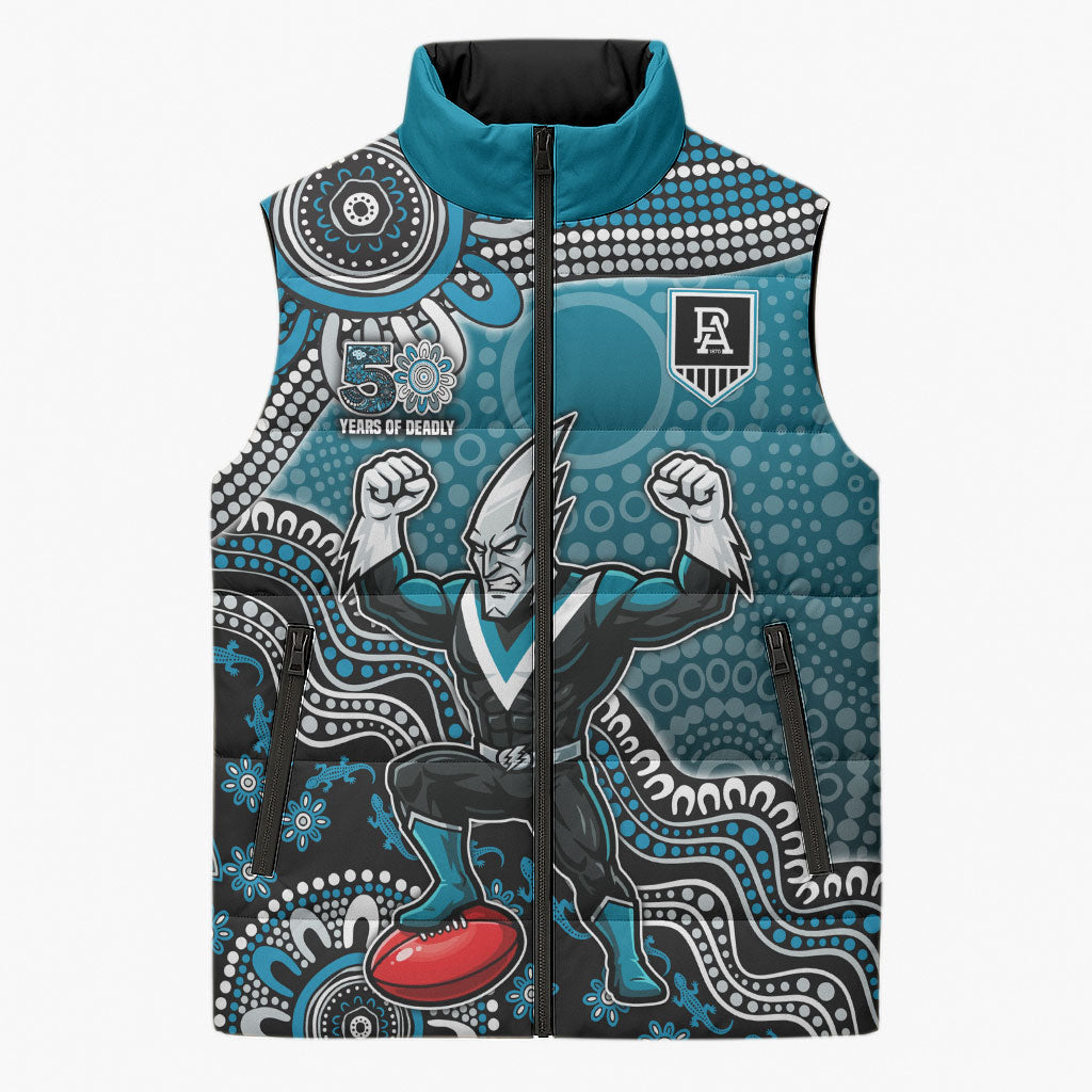 Personalized Port Adelaide Power Mascot Sleeveless Puffer Jacket Aboriginal Dot Art Style Vibrant Indigenous Pattern Design