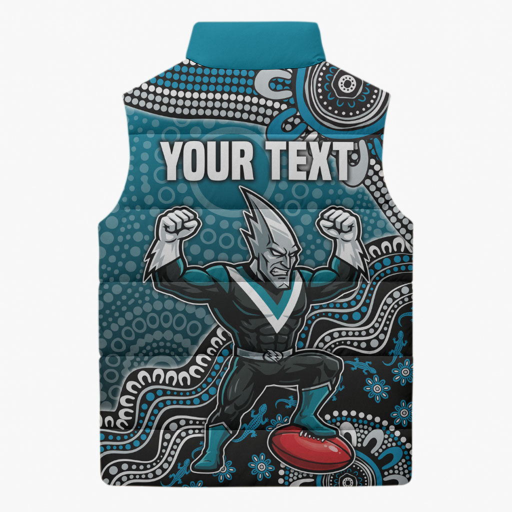 Personalized Port Adelaide Power Mascot Sleeveless Puffer Jacket Aboriginal Dot Art Style Vibrant Indigenous Pattern Design
