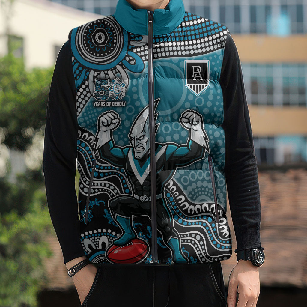 Personalized Port Adelaide Power Mascot Sleeveless Puffer Jacket Aboriginal Dot Art Style Vibrant Indigenous Pattern Design
