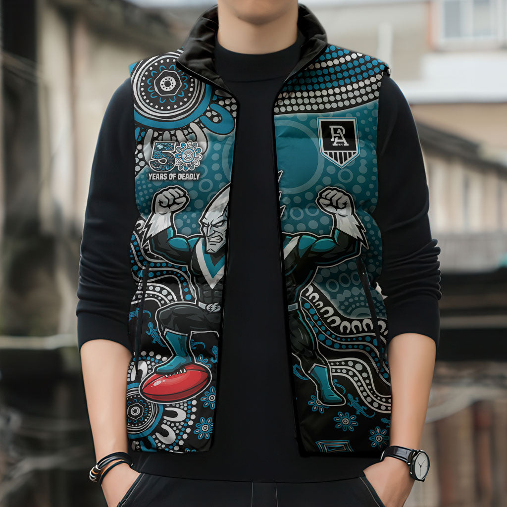 Personalized Port Adelaide Power Mascot Sleeveless Puffer Jacket Aboriginal Dot Art Style Vibrant Indigenous Pattern Design