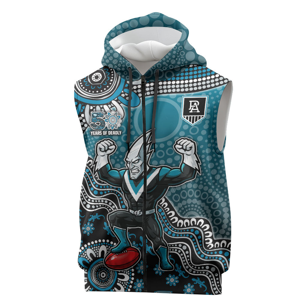 Personalized Port Adelaide Power Mascot Sleeveless Zip Hoodie Aboriginal Dot Art Style Vibrant Indigenous Pattern Design