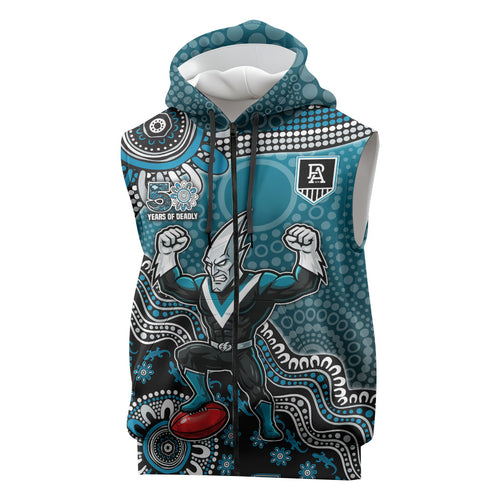 Personalized Port Adelaide Power Mascot Sleeveless Zip Hoodie Aboriginal Dot Art Style Vibrant Indigenous Pattern Design