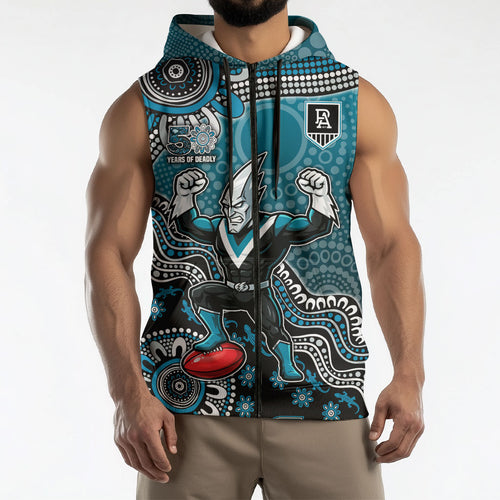 Personalized Port Adelaide Power Mascot Sleeveless Zip Hoodie Aboriginal Dot Art Style Vibrant Indigenous Pattern Design