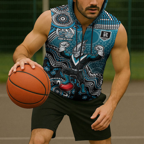Personalized Port Adelaide Power Mascot Sleeveless Zip Hoodie Aboriginal Dot Art Style Vibrant Indigenous Pattern Design