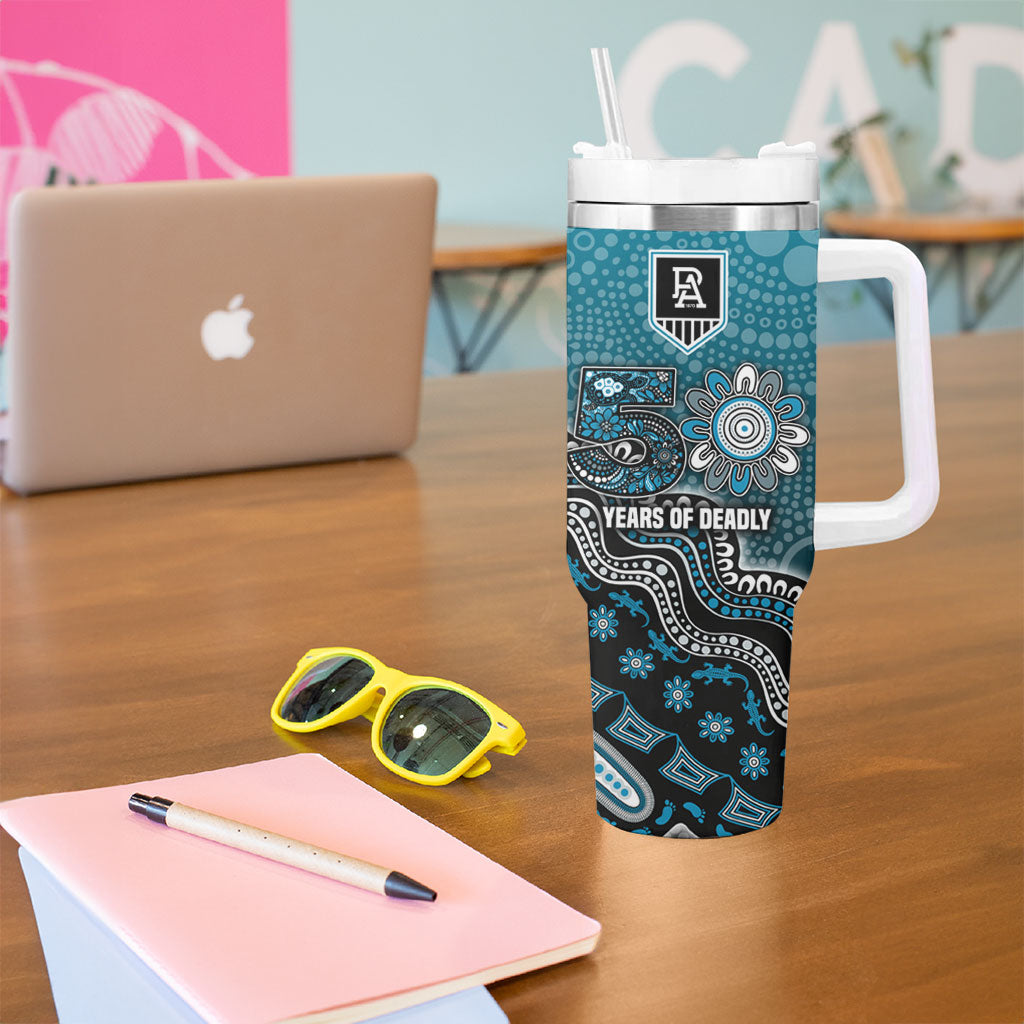 Personalized Port Adelaide Power Mascot Tumbler With Handle Aboriginal Dot Art Style Vibrant Indigenous Pattern Design