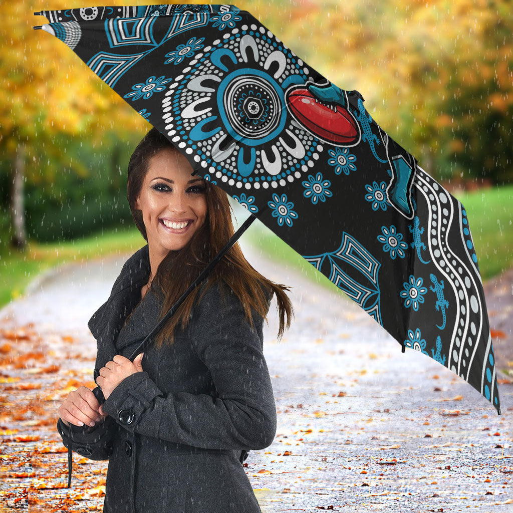Personalized Port Adelaide Power Mascot Umbrella Aboriginal Dot Art Style Vibrant Indigenous Pattern Design