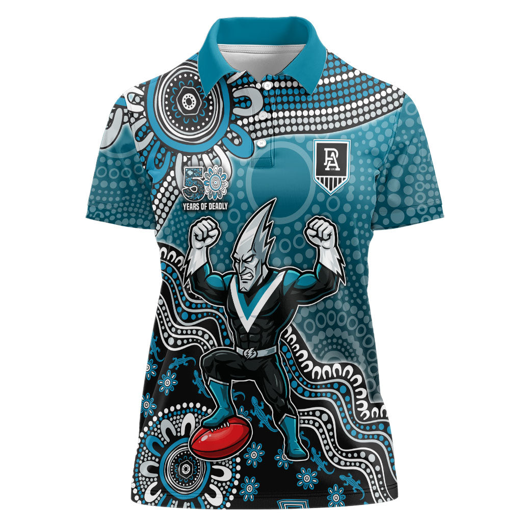 Personalized Port Adelaide Power Mascot Women Polo Shirt Aboriginal Dot Art Style Vibrant Indigenous Pattern Design